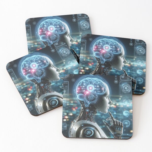 Item preview, Futuristic robot with a transparent head showcasing a brain, set against a digital backdrop designed and sold by homydesign.