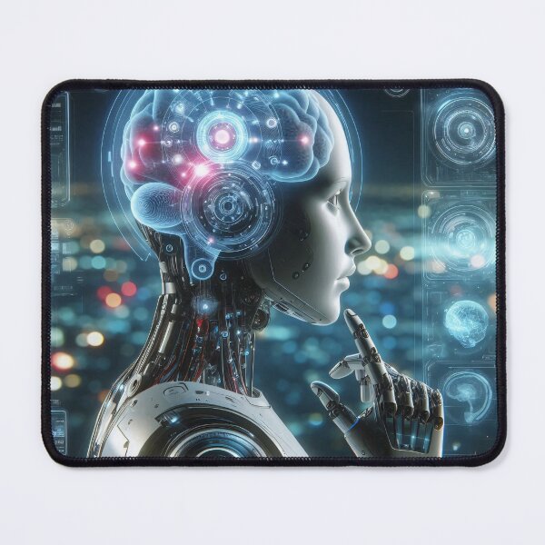 Item preview, Futuristic robot with a transparent head showcasing a brain, set against a digital backdrop designed and sold by homydesign.