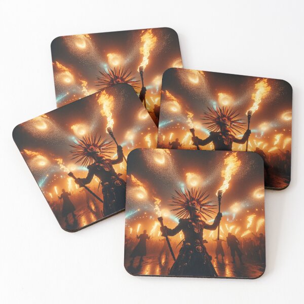 Item preview, Fiery ritual with figure in spiked headdress holding torches amid crowd, surrounded by flames and sparks in dramatic nighttime ceremony designed and sold by homydesign.