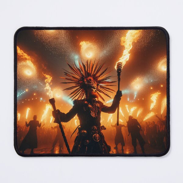 Item preview, Fiery ritual with figure in spiked headdress holding torches amid crowd, surrounded by flames and sparks in dramatic nighttime ceremony designed and sold by homydesign.