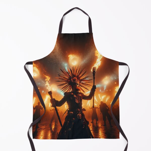 Item preview, Fiery ritual with figure in spiked headdress holding torches amid crowd, surrounded by flames and sparks in dramatic nighttime ceremony designed and sold by homydesign.