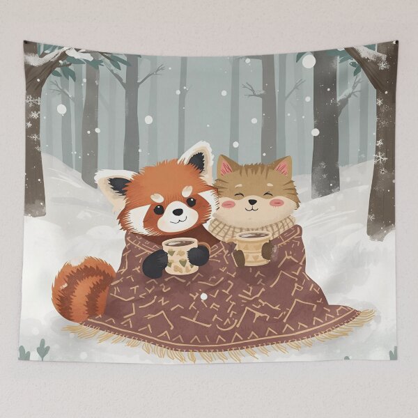 Item preview, Snowy Snuggles – Red Panda and Cat Under a Knit Blanket designed and sold by WildlifeWhimsy.