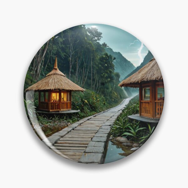 Item preview, Tropical bamboo huts by jungle pathway at sunrise designed and sold by SassyArtistry.