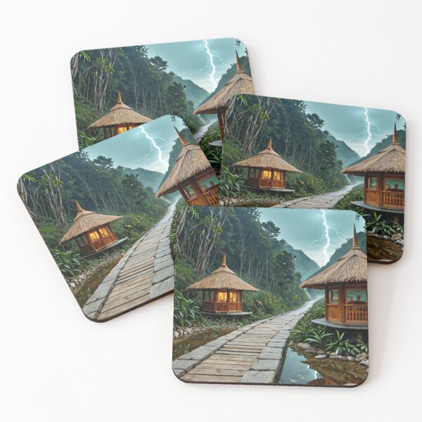 Item preview, Tropical bamboo huts by jungle pathway at sunrise designed and sold by SassyArtistry.
