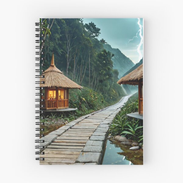 Item preview, Tropical bamboo huts by jungle pathway at sunrise designed and sold by SassyArtistry.
