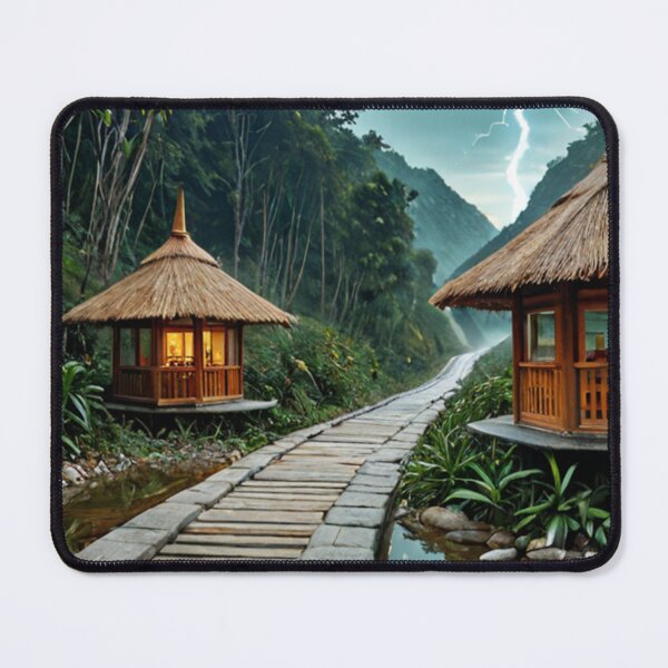 Item preview, Tropical bamboo huts by jungle pathway at sunrise designed and sold by SassyArtistry.