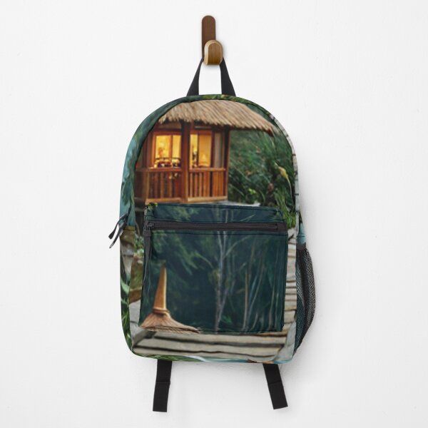 Item preview, Tropical bamboo huts by jungle pathway at sunrise designed and sold by SassyArtistry.