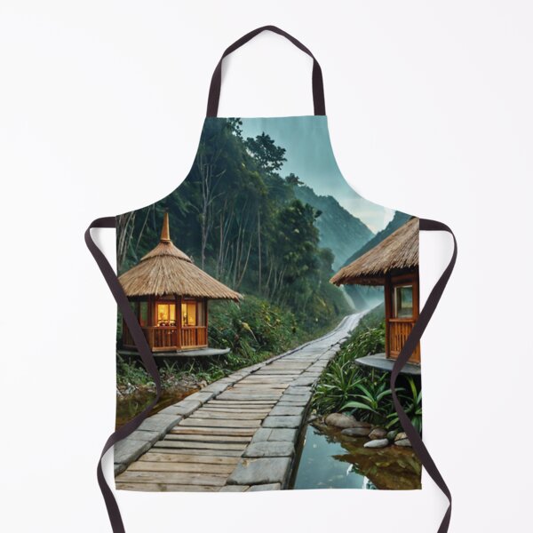 Item preview, Tropical bamboo huts by jungle pathway at sunrise designed and sold by SassyArtistry.