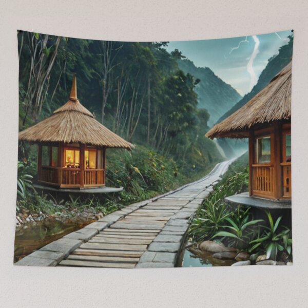 Item preview, Tropical bamboo huts by jungle pathway at sunrise designed and sold by SassyArtistry.
