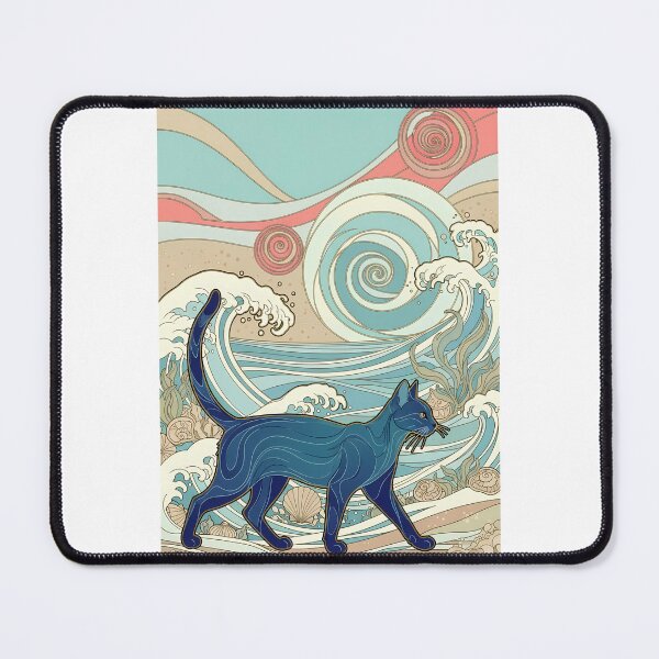 Item preview, Blue Cat by the Sea – Art Nouveau Waves designed and sold by Cherry Dreams.