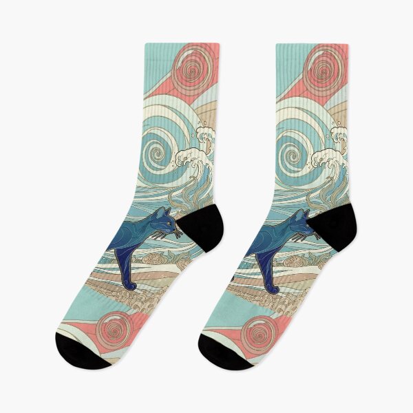 Item preview, Blue Cat by the Sea – Art Nouveau Waves designed and sold by Cherry Dreams.