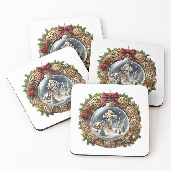 Item preview, Celtic Christmas Ornament with Snowy Village and Cross – Holiday Illustration designed and sold by CelticSoulShop.