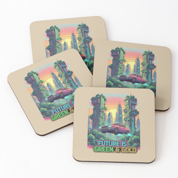 Item preview, Future Is Green & Gold — Retro-Futuristic Flying 80s Car in a Lush City designed and sold by VioVibe.