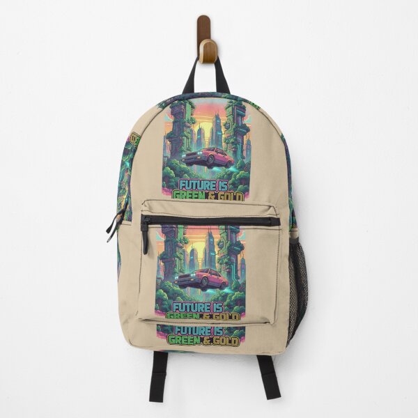 Item preview, Future Is Green & Gold — Retro-Futuristic Flying 80s Car in a Lush City designed and sold by VioVibe.