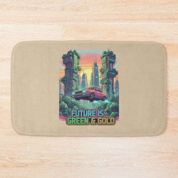 Item preview, Future Is Green & Gold — Retro-Futuristic Flying 80s Car in a Lush City designed and sold by VioVibe.