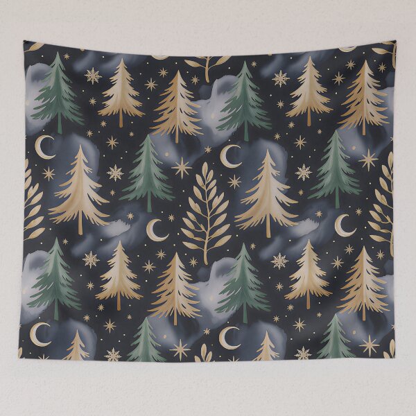 Item preview, Moody Christmas Seamless Pattern – Elegant Winter Night Forest with Pine Trees, Stars, and Crescent Moon | Throw Pillow & Blanket  designed and sold by ZyxDes.