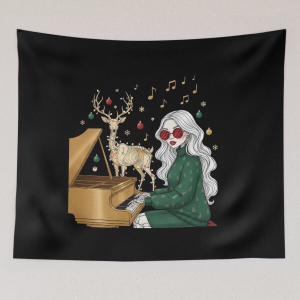Item preview, Skeleton Girl with Deer and Piano | Cozy Christmas Music Art designed and sold by ColorSplash123.