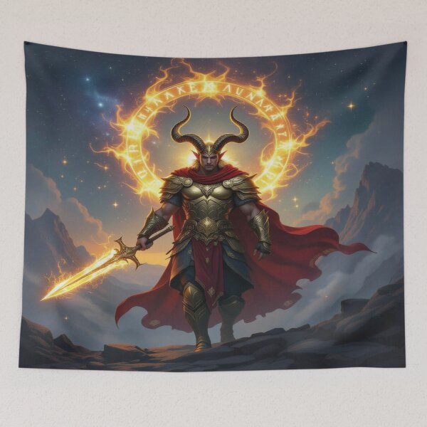 Item preview, Aries Fire Warrior – Mythic Zodiac Power in golden armor & cosmic flames over starry mountains designed and sold by FotoworldEdel.