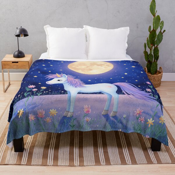 Item preview, Unicorn Under the Golden Moon – Whimsical Night Meadow Illustration designed and sold by Whimsical Hug.