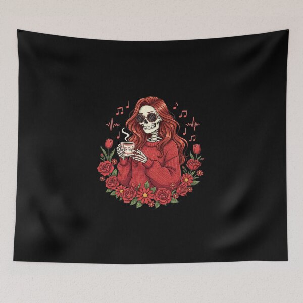 Item preview, Skeleton Woman with Coffee and Music | Fun and Playful Gothic Art designed and sold by ColorSplash123.