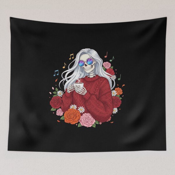 Item preview, Skeleton Woman with Coffee and Music | Stylish Fun Gothic Art designed and sold by ColorSplash123.