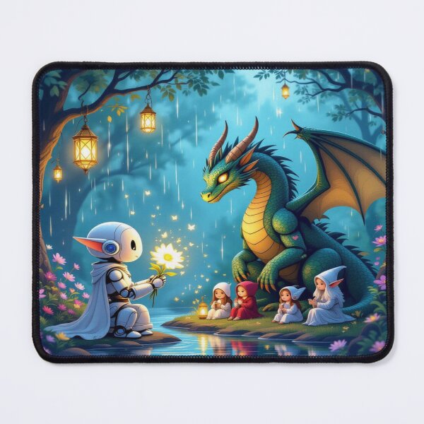 Item preview, Kindness Beyond Worlds – Robot & Dragon in Magical Forest of Empathy and Light designed and sold by FotoworldEdel.