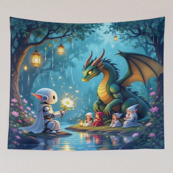 Item preview, Kindness Beyond Worlds – Robot & Dragon in Magical Forest of Empathy and Light designed and sold by FotoworldEdel.