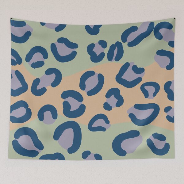 Item preview, Seamless leopard pattern with blue and purple spots Wavy sage green and brown background in a flat graphic style designed and sold by Crispifly.