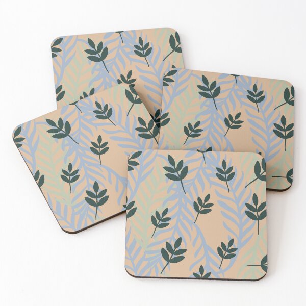 Item preview, Seamless pattern of stylized dark green leaves Translucent blue and pale green foliage layers on a warm beige background designed and sold by Crispifly.