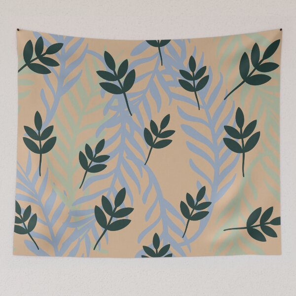 Item preview, Seamless pattern of stylized dark green leaves Translucent blue and pale green foliage layers on a warm beige background designed and sold by Crispifly.