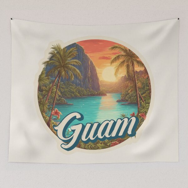 Item preview, Guam Vintage Travel Sticker Retro Tropical Lagoon & Sunset Design designed and sold by Blurbean.