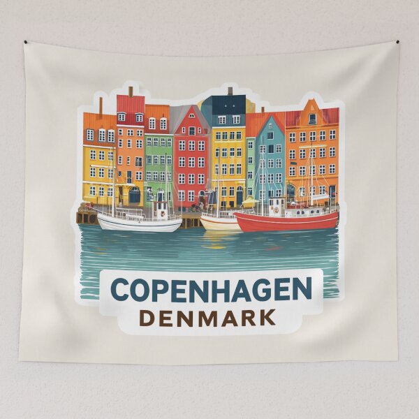 Artikelvorschau, Kopenhagen Dänemark Vintage Reiseaufkleber Retro Nyhavn Hafen & bunte Häuser Design entworfen und verkauft von Blurbean.