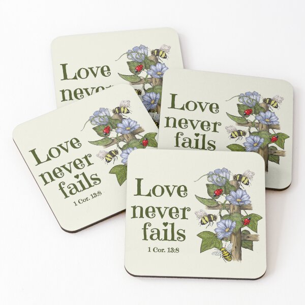 Item preview, LOVE Never Fails, Bible Verse with Bees, Flowers, Ladybugs designed and sold by JoyfulWhimsy.