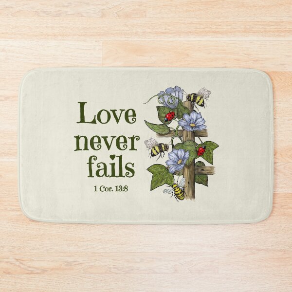 Item preview, LOVE Never Fails, Bible Verse with Bees, Flowers, Ladybugs designed and sold by JoyfulWhimsy.
