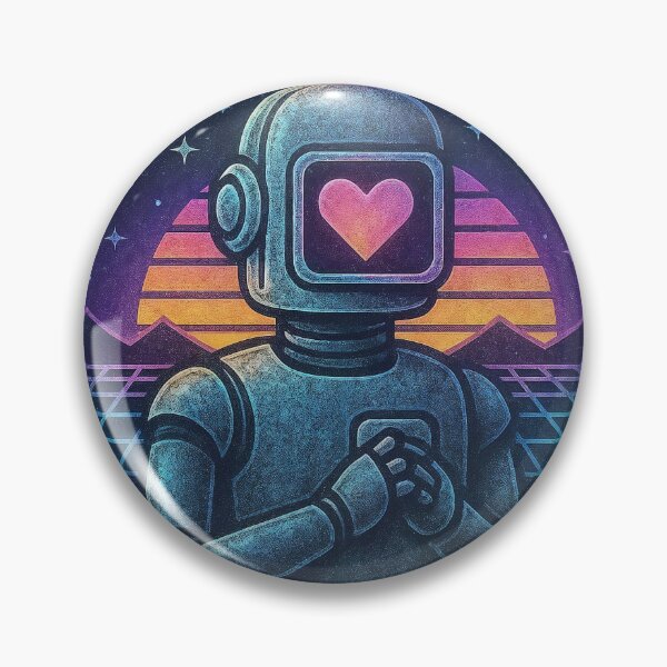Item preview, Retro robot medallion with heart visor and synthwave sunset bands designed and sold by Creative88Art.
