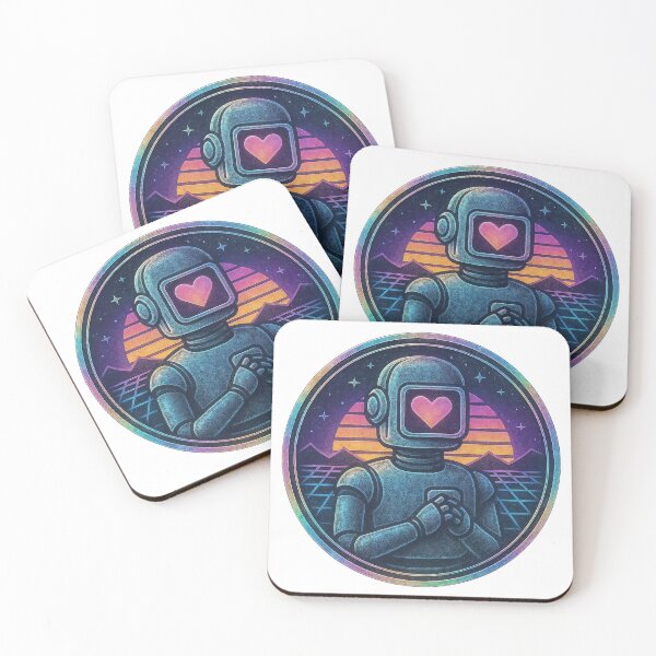 Item preview, Retro robot medallion with heart visor and synthwave sunset bands designed and sold by Creative88Art.