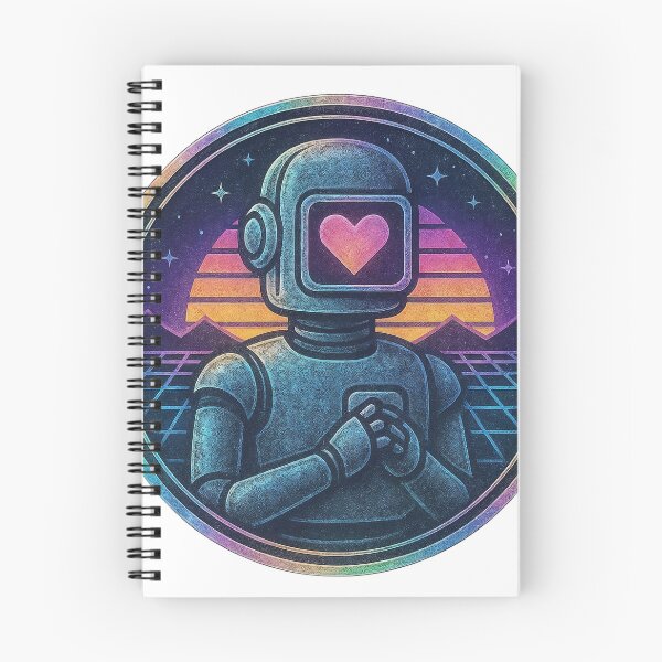 Item preview, Retro robot medallion with heart visor and synthwave sunset bands designed and sold by Creative88Art.