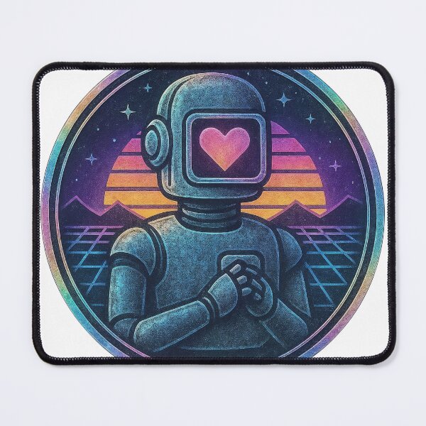 Item preview, Retro robot medallion with heart visor and synthwave sunset bands designed and sold by Creative88Art.