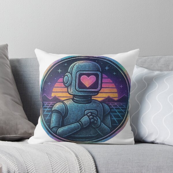 Item preview, Retro robot medallion with heart visor and synthwave sunset bands designed and sold by Creative88Art.