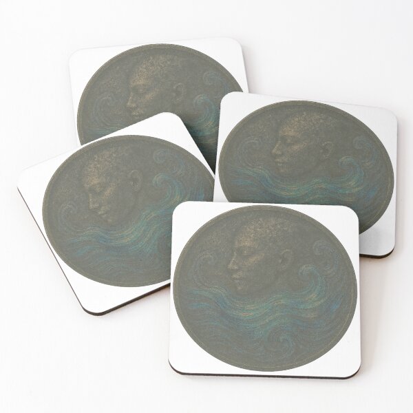 Item preview, Bronze and teal coin art with calm profile and ocean wave motifs designed and sold by Creative88Art.