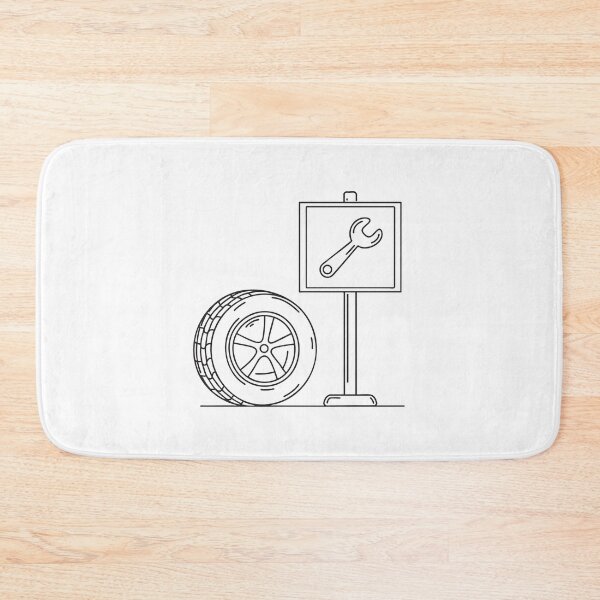 Item preview, A signboard with a wrench symbol near a tire in a repair shop designed and sold by rasagamastore.