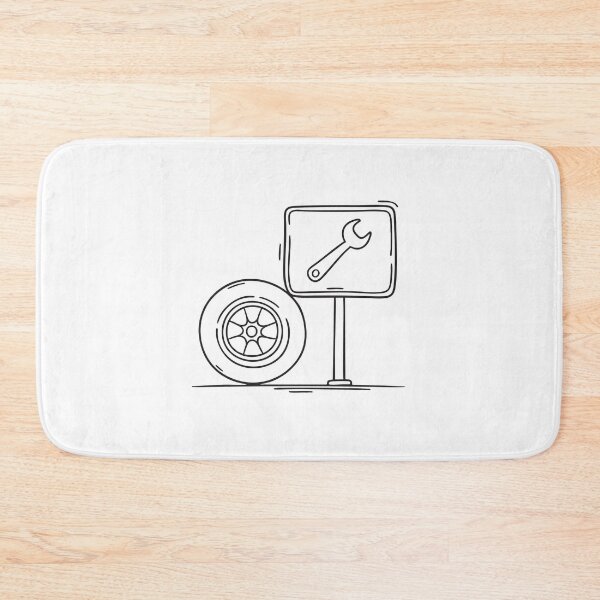 Item preview, signboard with a wrench symbol near a tire in a repair shop designed and sold by rasagamastore.