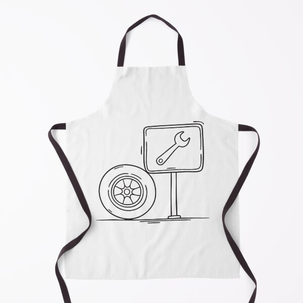 Item preview, signboard with a wrench symbol near a tire in a repair shop designed and sold by rasagamastore.