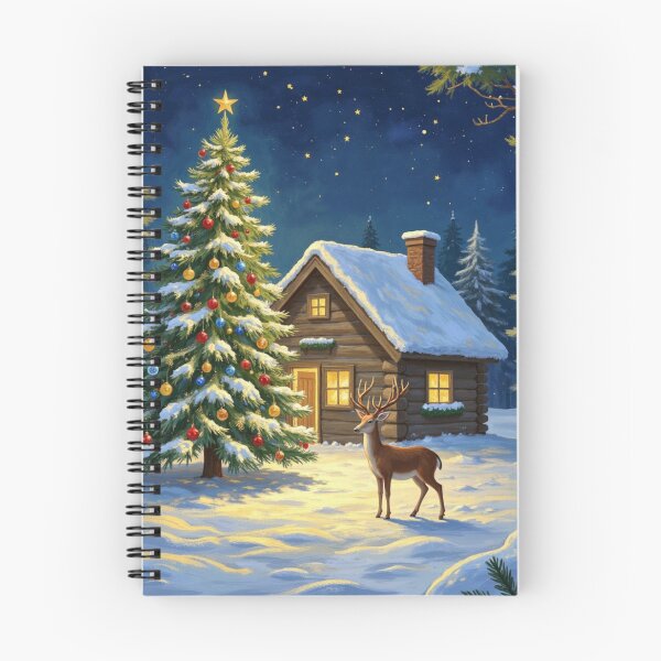 Item preview, Cozy Christmas Cabin with Decorated Tree & Reindeer in Snowy Forest Night designed and sold by YoungFrankenstein.