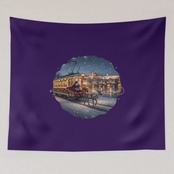 Artikelvorschau, Weihnachtsmann mit Rentieren in der Prager Straßenbahn | Winterliche Blaue Stunde entworfen und verkauft von FixwellStudio.