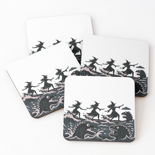 Item preview, Retro Surfing Witches riding the waves with sea monsters designed and sold by davidjulie.