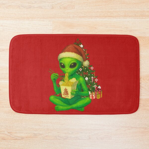 Item preview, Cute Green Alien Eats Chinese Takeout Food At Christmas designed and sold by BoozieHumor.