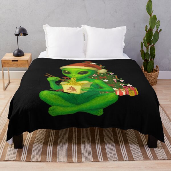Item preview, Cute Green Alien Eats Chinese Takeout Food At Christmas designed and sold by BoozieHumor.