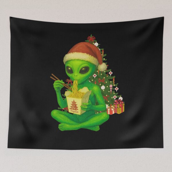 Item preview, Cute Green Alien Eats Chinese Takeout Food At Christmas designed and sold by BoozieHumor.