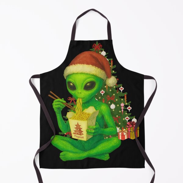 Item preview, Cute Green Alien Eats Chinese Takeout Food At Christmas designed and sold by BoozieHumor.